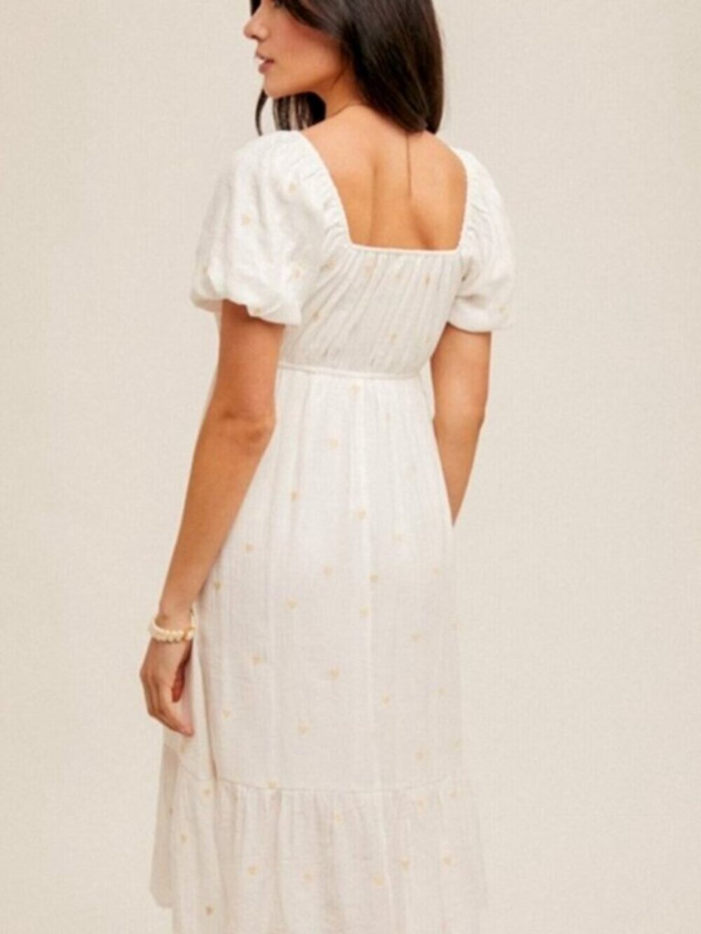 HEM & THREAD Bubble Sleeve Heart Embroidered Dress White NWT - Picture 3 of 8